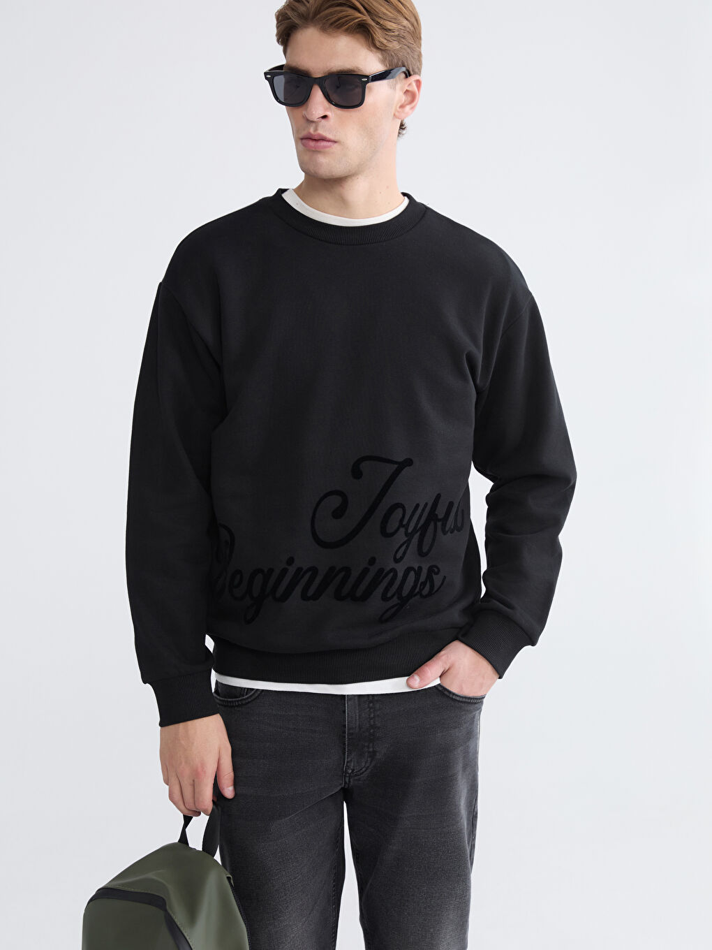 Siyah Bisiklet Yaka Baskılı Erkek Kalın Sweatshirt