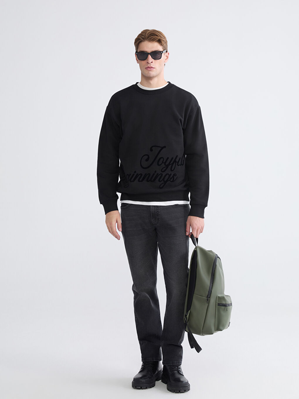 Siyah Bisiklet Yaka Baskılı Erkek Kalın Sweatshirt-1