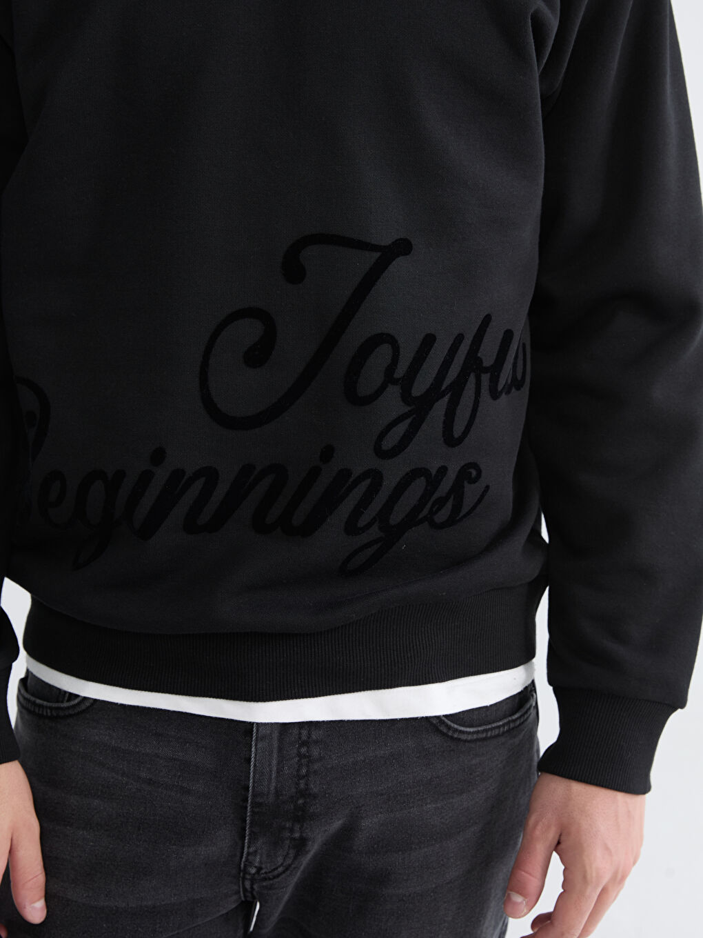 Siyah Bisiklet Yaka Baskılı Erkek Kalın Sweatshirt-2