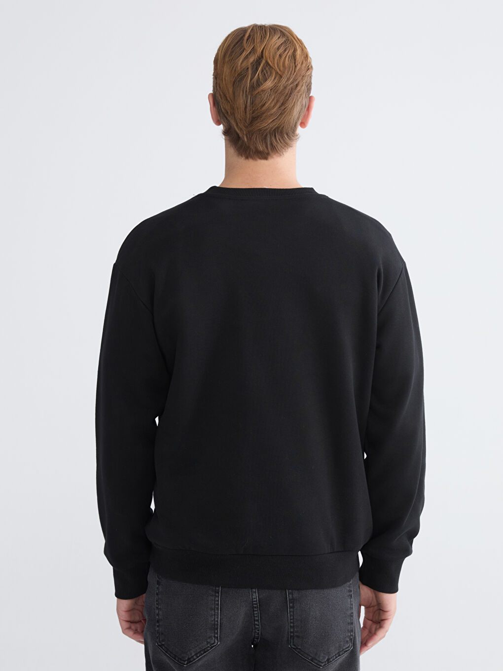 Siyah Bisiklet Yaka Baskılı Erkek Kalın Sweatshirt-3