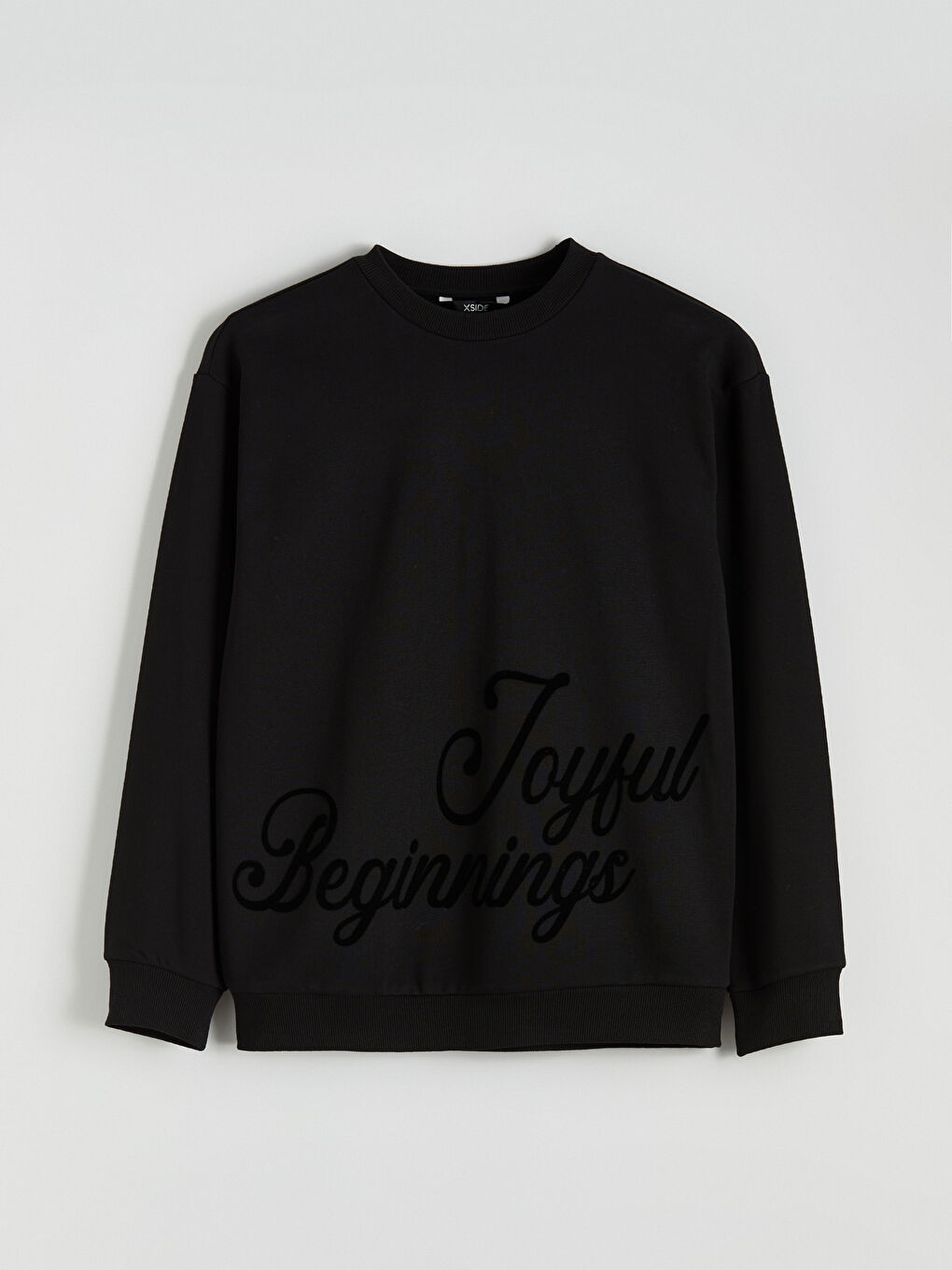 Siyah Bisiklet Yaka Baskılı Erkek Kalın Sweatshirt-4