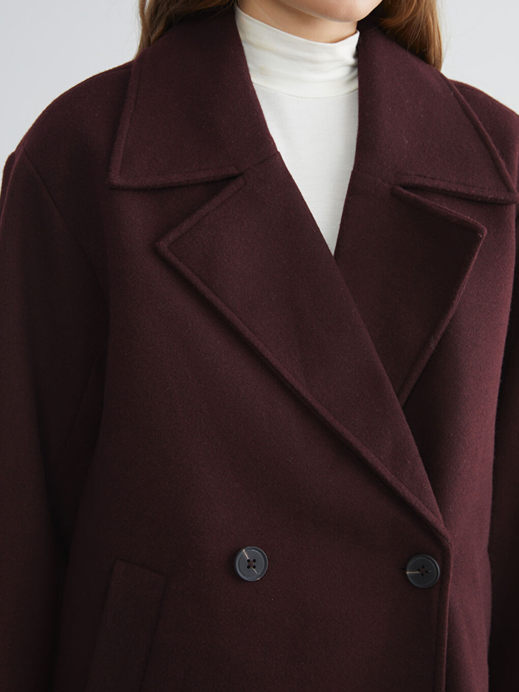 Mürdüm Kruvaze Yaka Kadın Kaşe Kaban-2