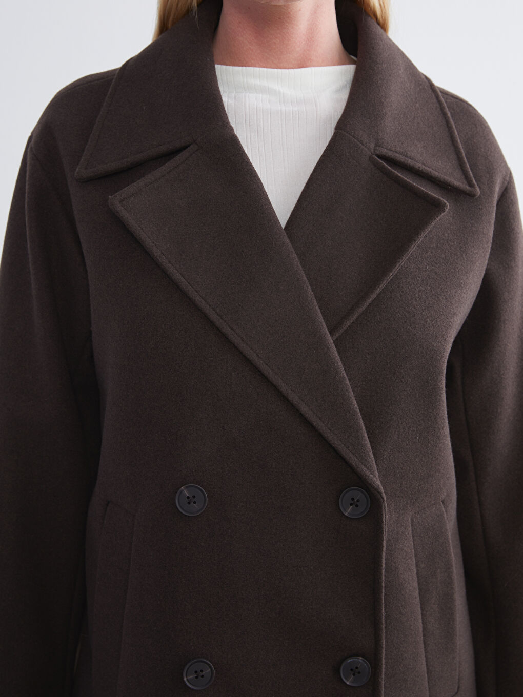 Kahverengi Kruvaze Yaka Kadın Kaşe Kaban-2