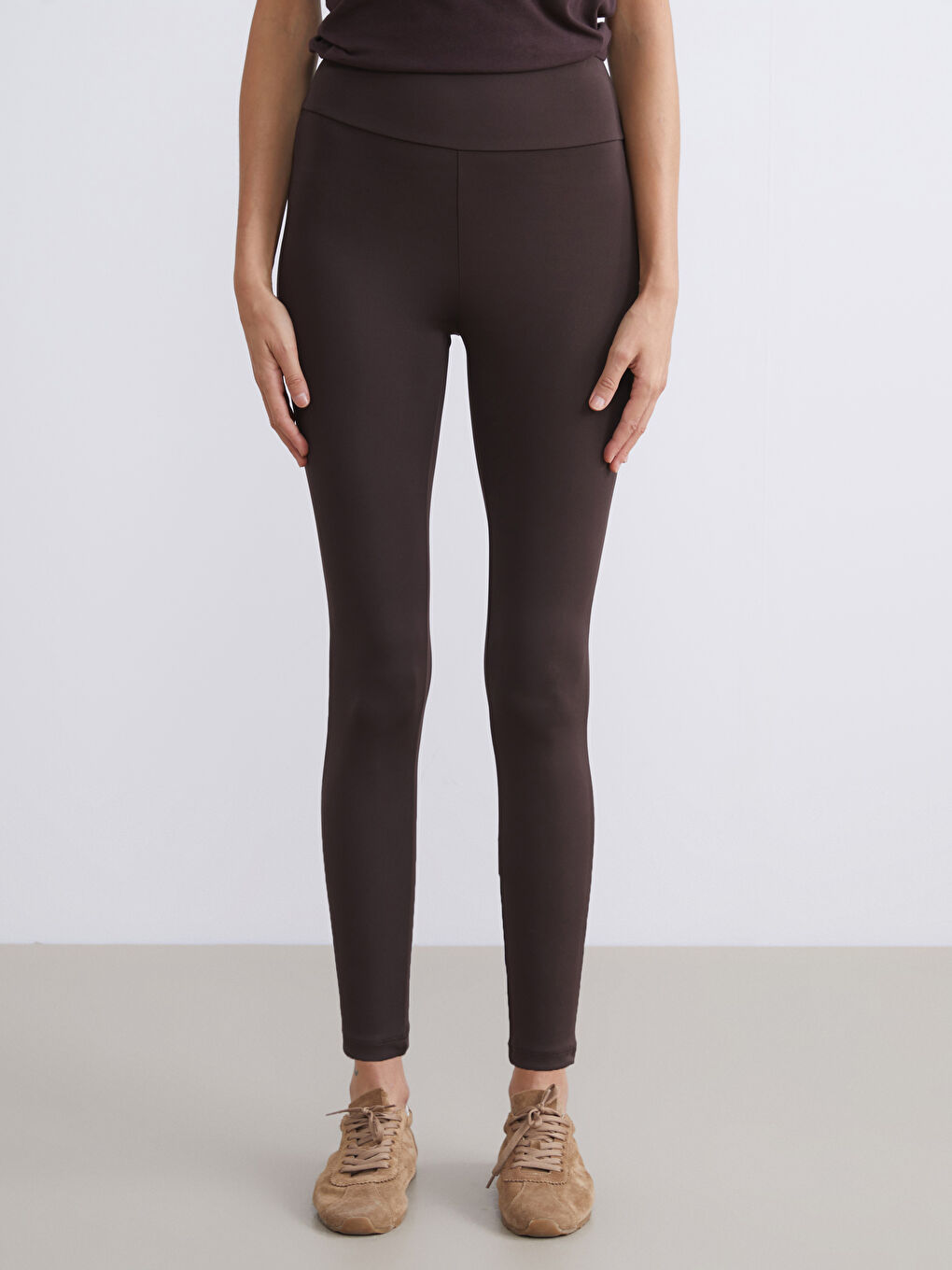 Kahverengi Beli Lastikli Kadın Tayt-1