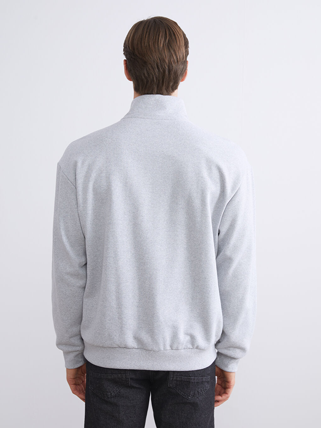 Gri Fermuarlı Dik Yaka Uzun Kollu Erkek Sweatshirt-3