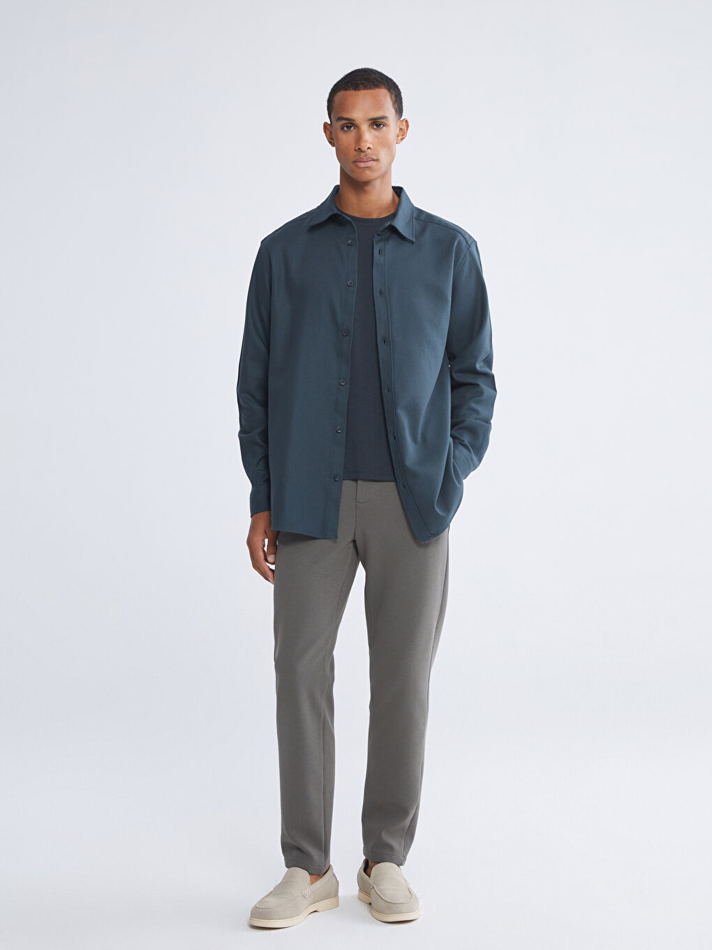 Petrol Regular Fit Uzun Kollu Armürlü Erkek Gömlek-1