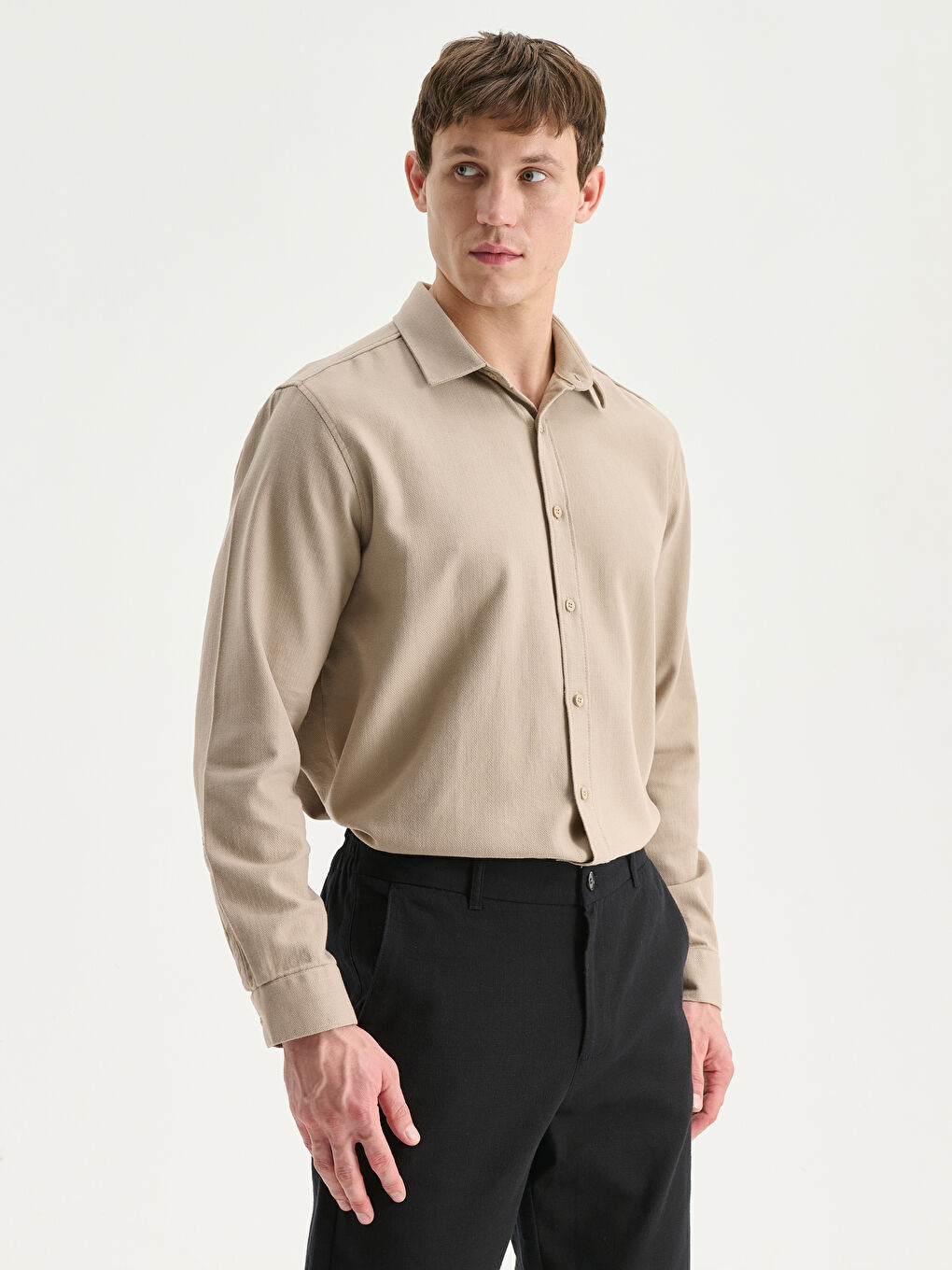 Bej Regular Fit Uzun Kollu Armürlü Erkek Gömlek