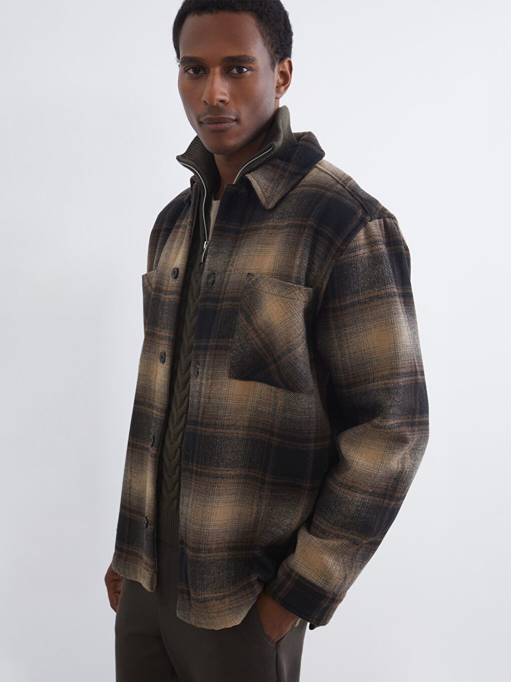 Kahverengi Ekose Desenli Yün Karışımlı Erkek Gömlek Ceket