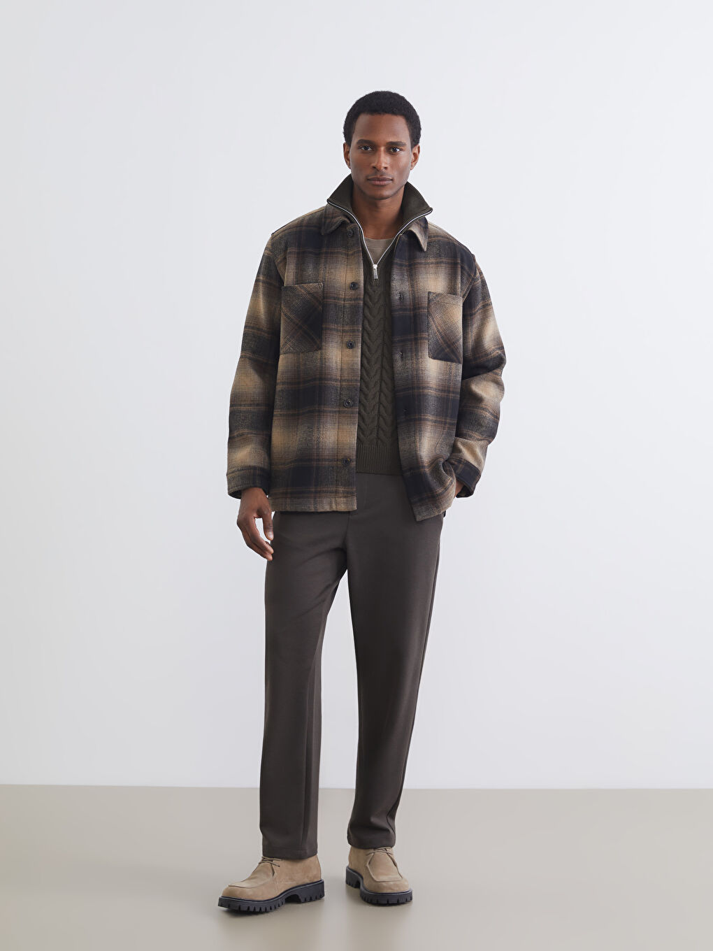 Kahverengi Ekose Desenli Yün Karışımlı Erkek Gömlek Ceket-1
