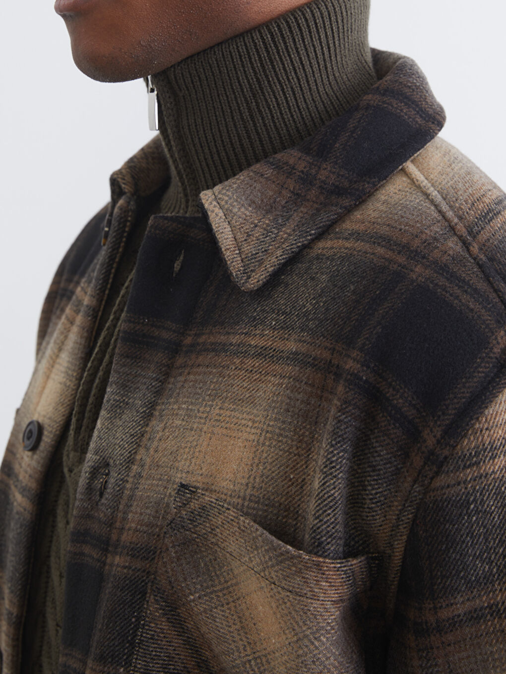 Kahverengi Ekose Desenli Yün Karışımlı Erkek Gömlek Ceket-2