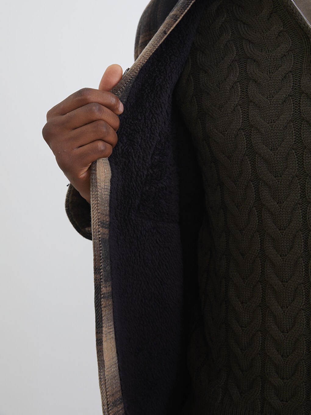 Kahverengi Ekose Desenli Yün Karışımlı Erkek Gömlek Ceket-3