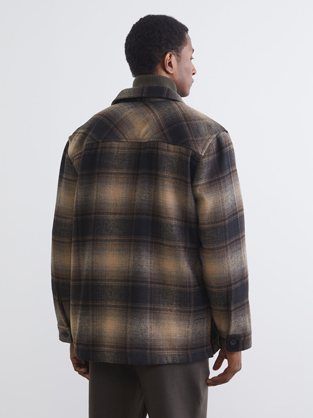 Kahverengi Ekose Desenli Yün Karışımlı Erkek Gömlek Ceket-4