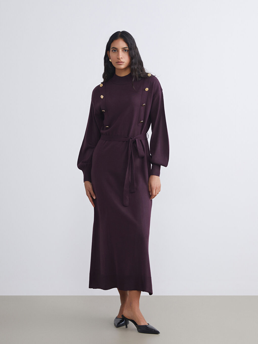 Funnel Neck Sash Knitwear Dress-1