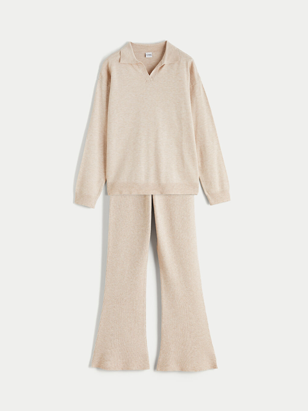 Bej Polo Yaka Kız Çocuk Triko Kazak ve Tayt-2