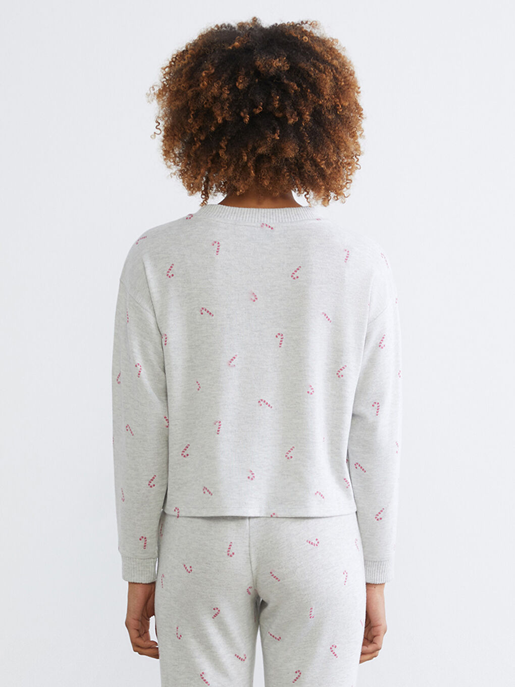 Gri Bisiklet Yaka Baskılı Kadın Pijama Üstü-2