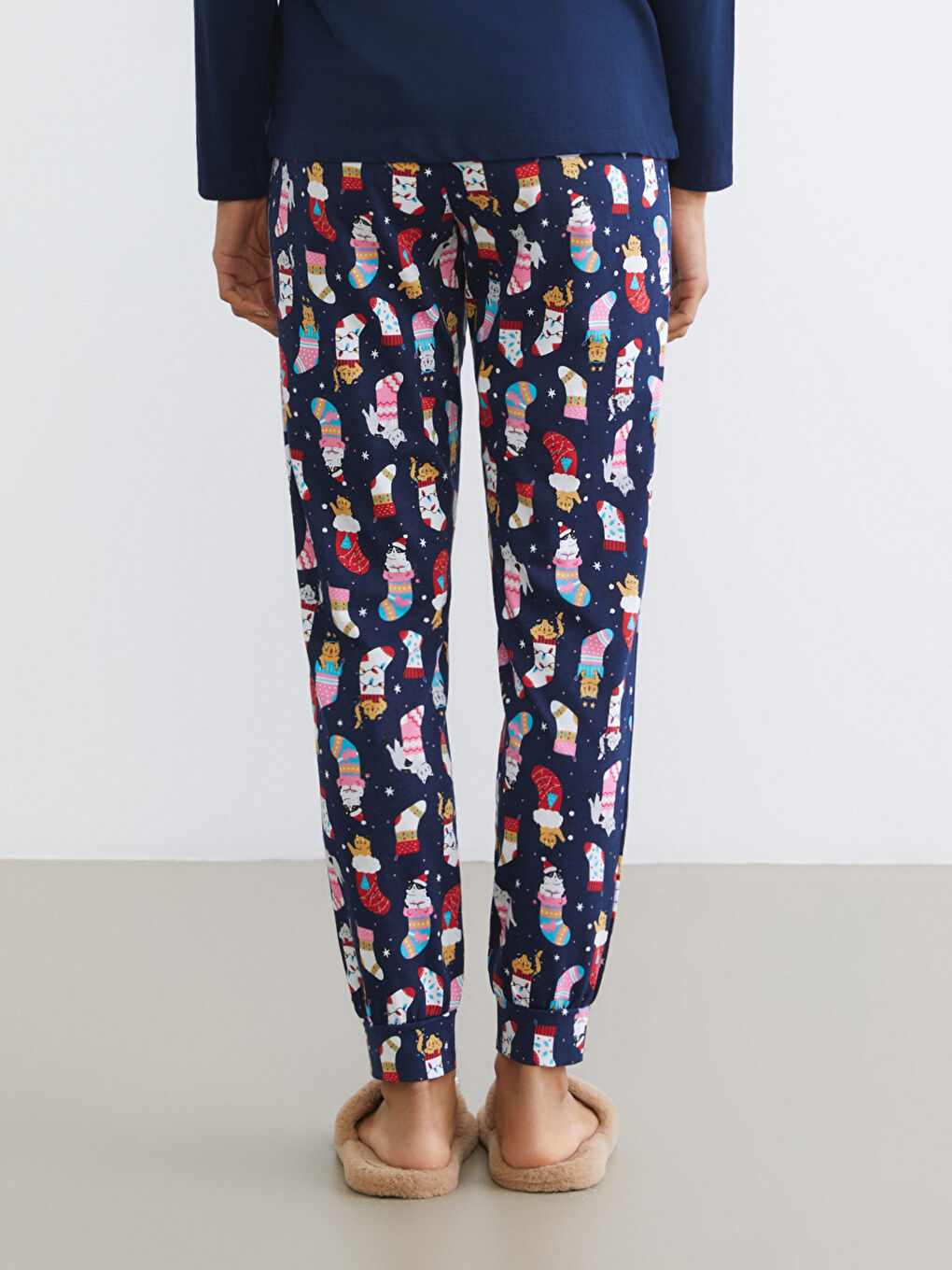 Lacivert Beli Lastikli Yılbaşı Temalı Kadın Pijama Altı-1