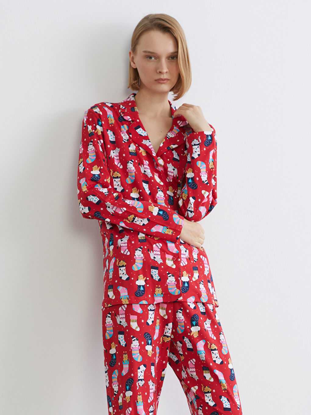 Pidžama komplet sa ovratnikom sa kragnom, božićna tema, za žene-1