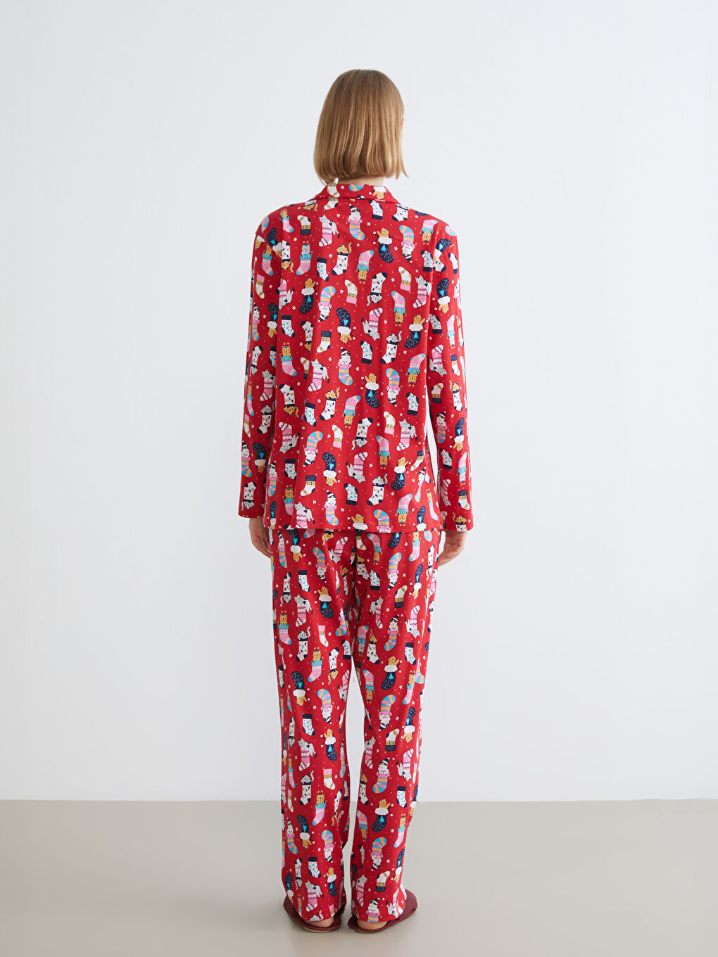 Pidžama komplet sa ovratnikom sa kragnom, božićna tema, za žene-3