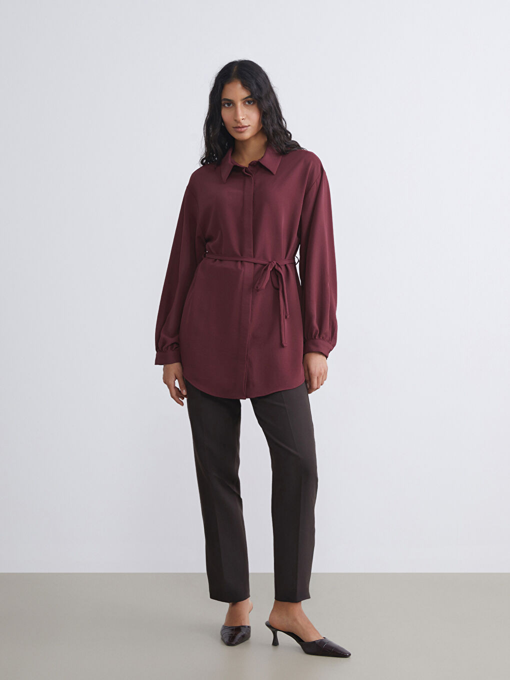 Bordo Oversize Kadın Gömlek Tunik-1