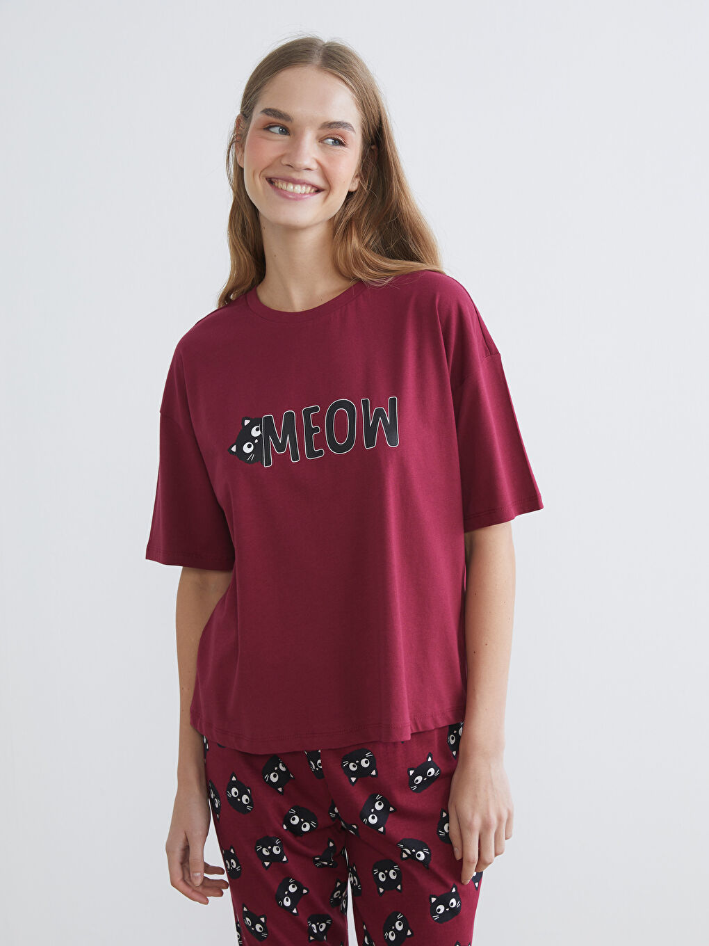 Mürdüm Bisiklet Yaka Baskılı Kadın Pijama Takımı-1