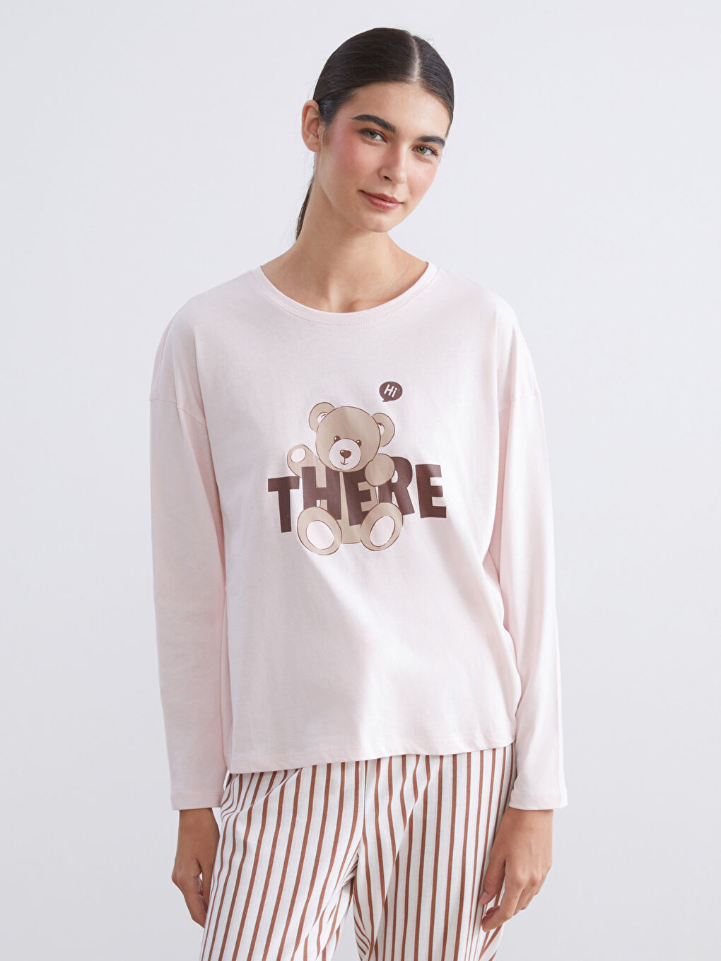 Pembe Bisiklet Yaka Ayı Baskılı Kadın Pijama Takımı-1