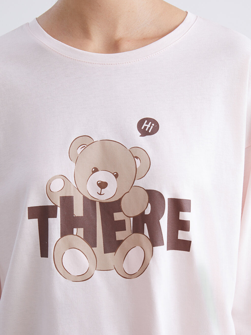 Pembe Bisiklet Yaka Ayı Baskılı Kadın Pijama Takımı-2