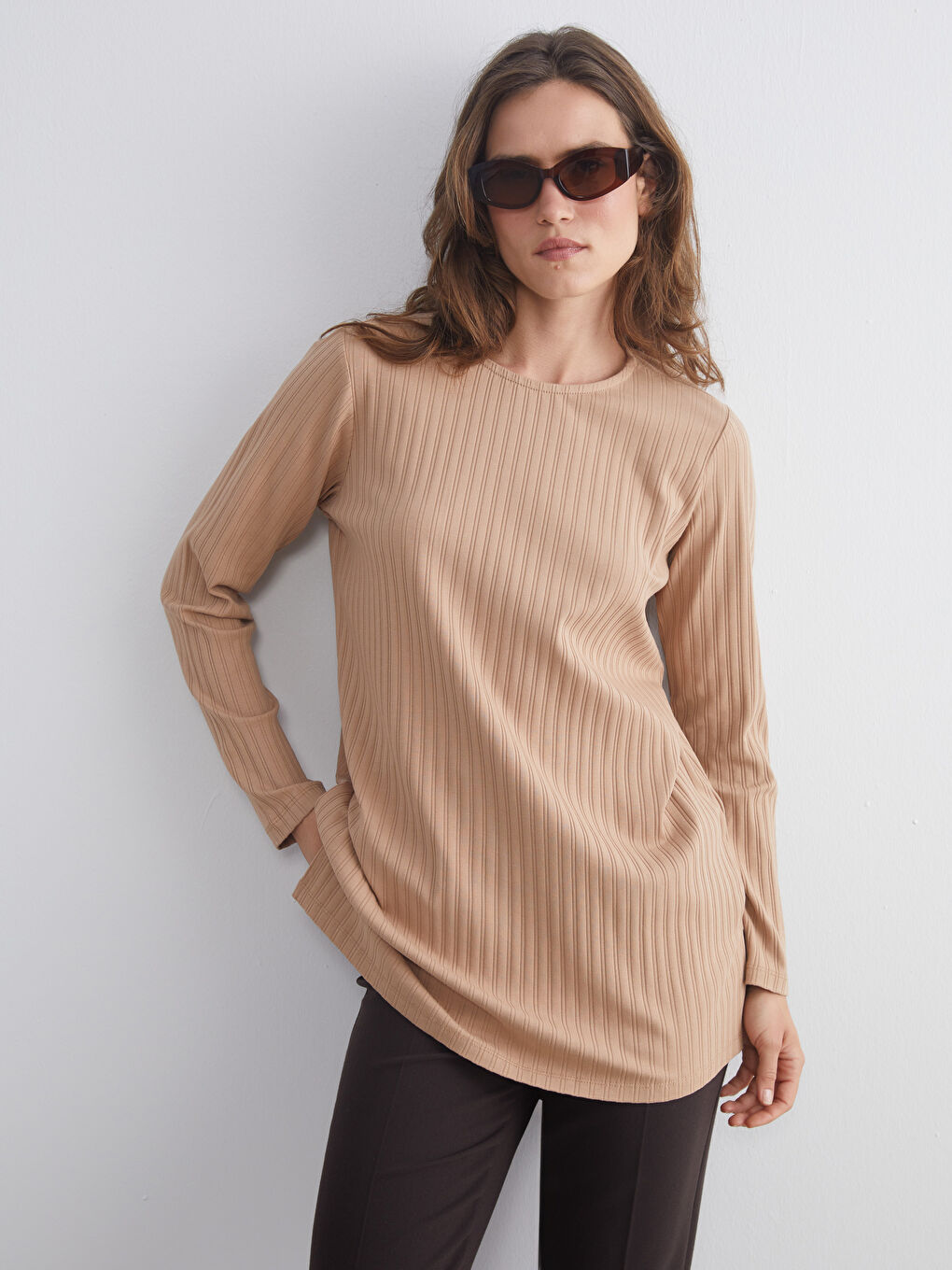 Kahverengi Bisiklet Yaka Fitilli Kadın Tunik