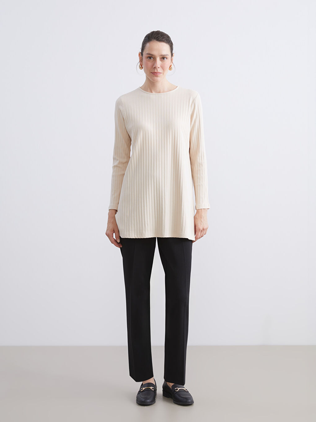 Bej Bisiklet Yaka Fitilli Kadın Tunik-1