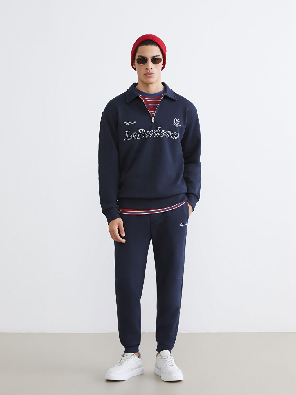 Lacivert Polo Yaka Baskılı Erkek Kalın Sweatshirt-1