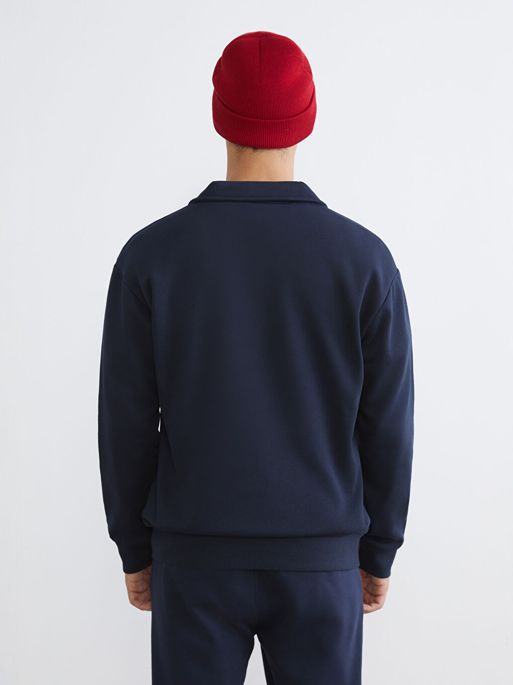 Lacivert Polo Yaka Baskılı Erkek Kalın Sweatshirt-3