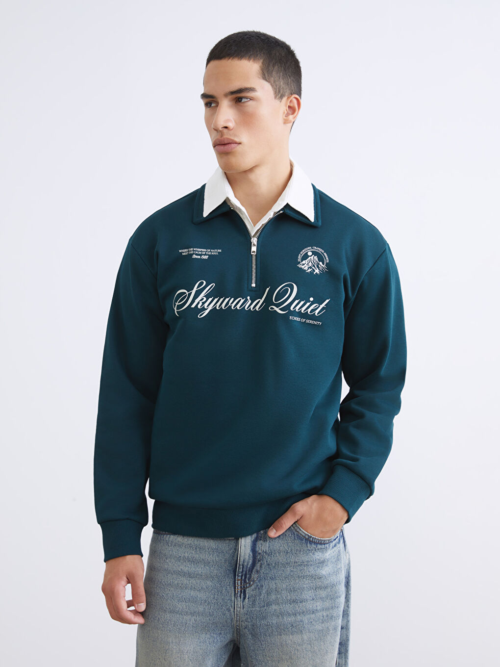 Petrol Polo Yaka Baskılı Erkek Kalın Sweatshirt