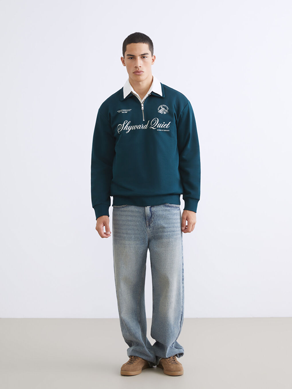 Petrol Polo Yaka Baskılı Erkek Kalın Sweatshirt-1