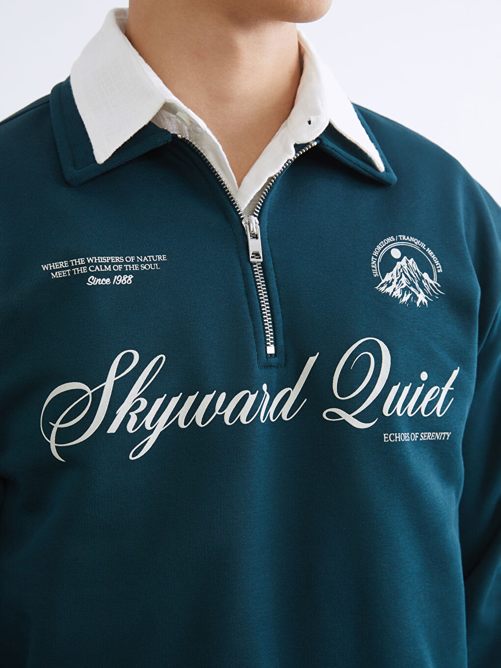 Petrol Polo Yaka Baskılı Erkek Kalın Sweatshirt-2