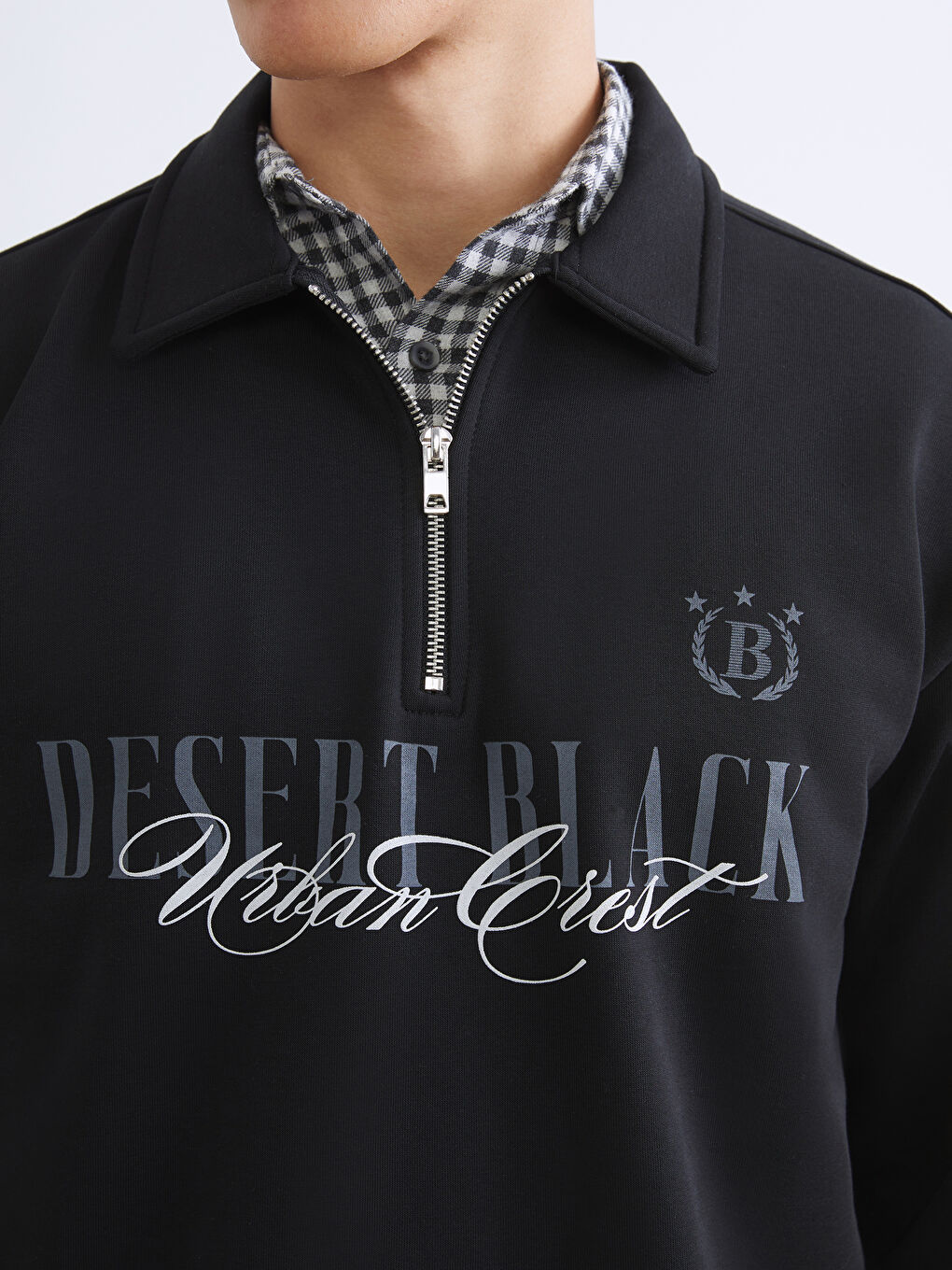 Siyah Polo Yaka Baskılı Erkek Kalın Sweatshirt-2