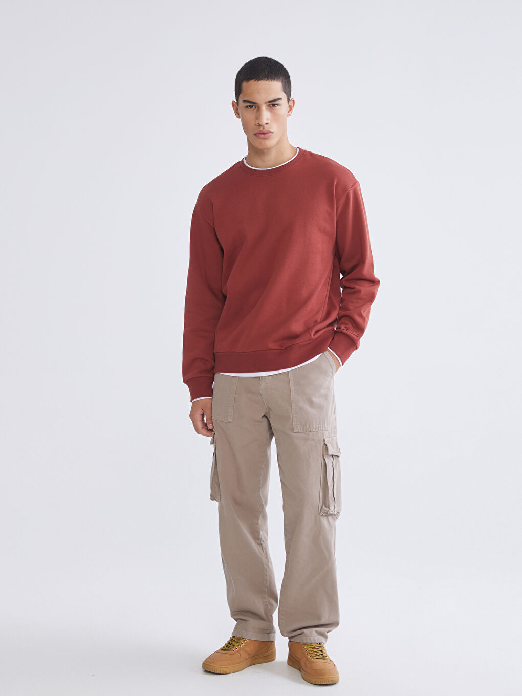 Bordo Bisiklet Yaka Nakışlı Erkek Kalın Sweatshirt-1