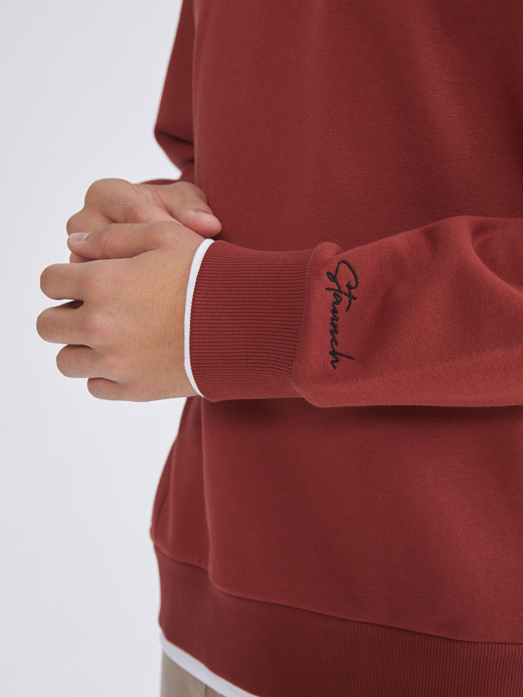 Bordo Bisiklet Yaka Nakışlı Erkek Kalın Sweatshirt-2