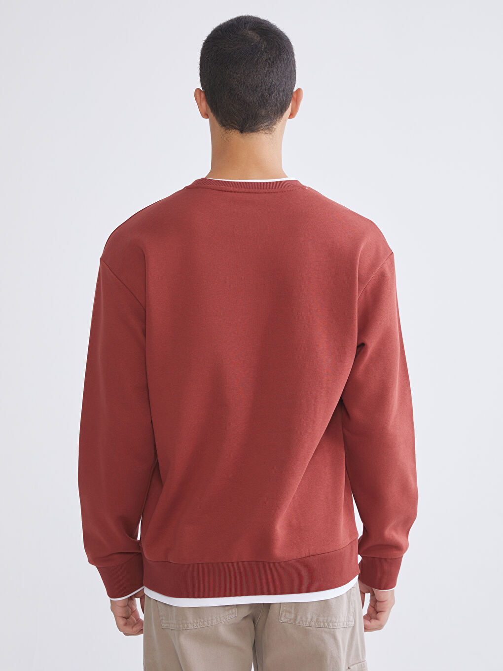 Bordo Bisiklet Yaka Nakışlı Erkek Kalın Sweatshirt-3
