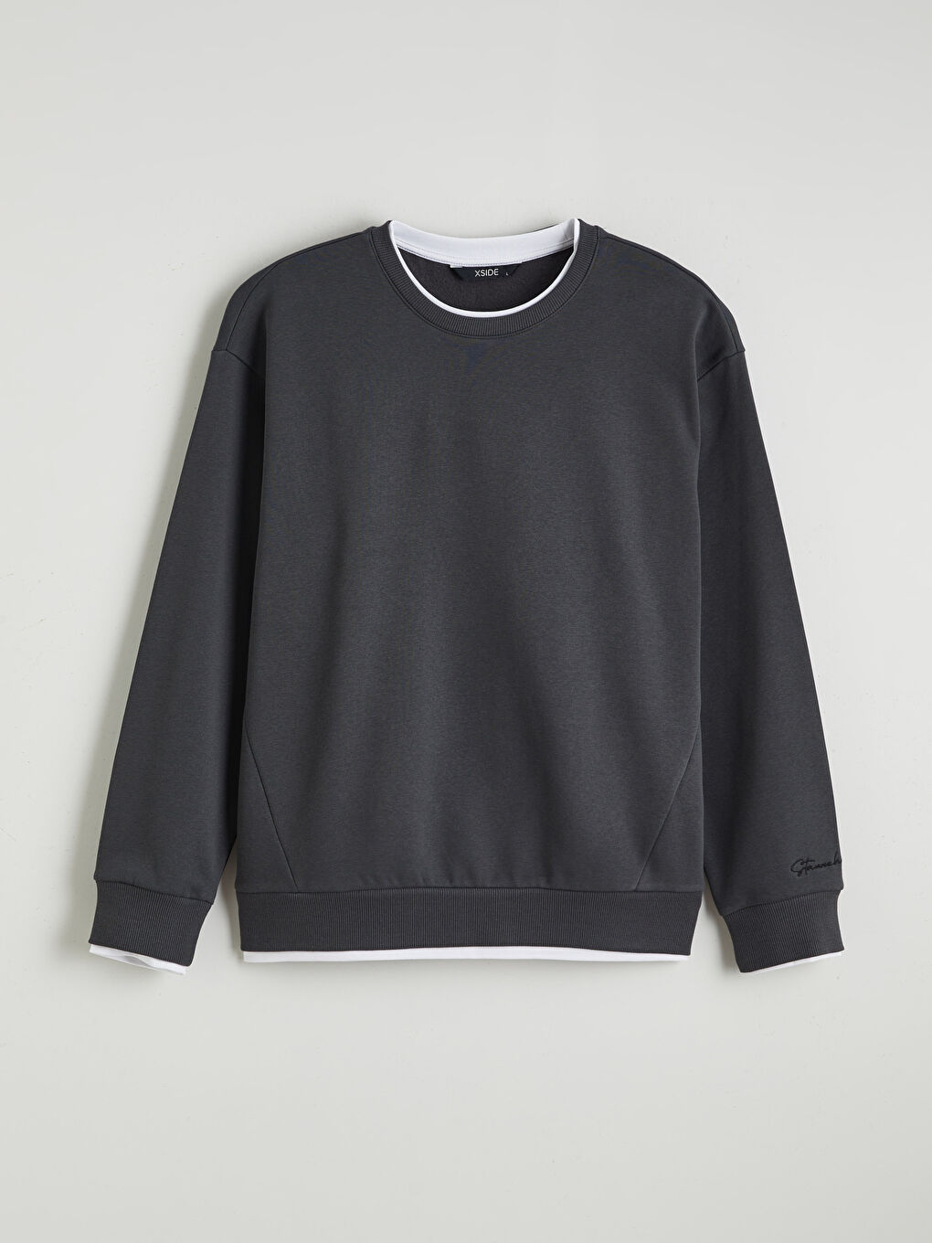 Antrasit Bisiklet Yaka Nakışlı Erkek Kalın Sweatshirt