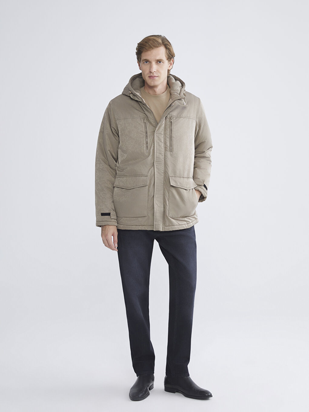 Gri Standart Kalıp Kapüşonlu Erkek Mont-1