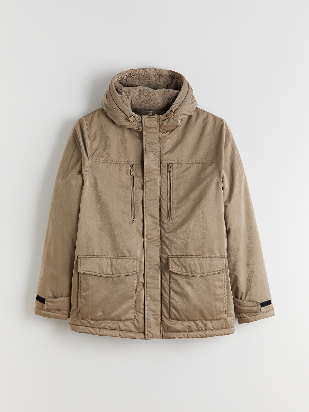 Gri Standart Kalıp Kapüşonlu Erkek Mont-5