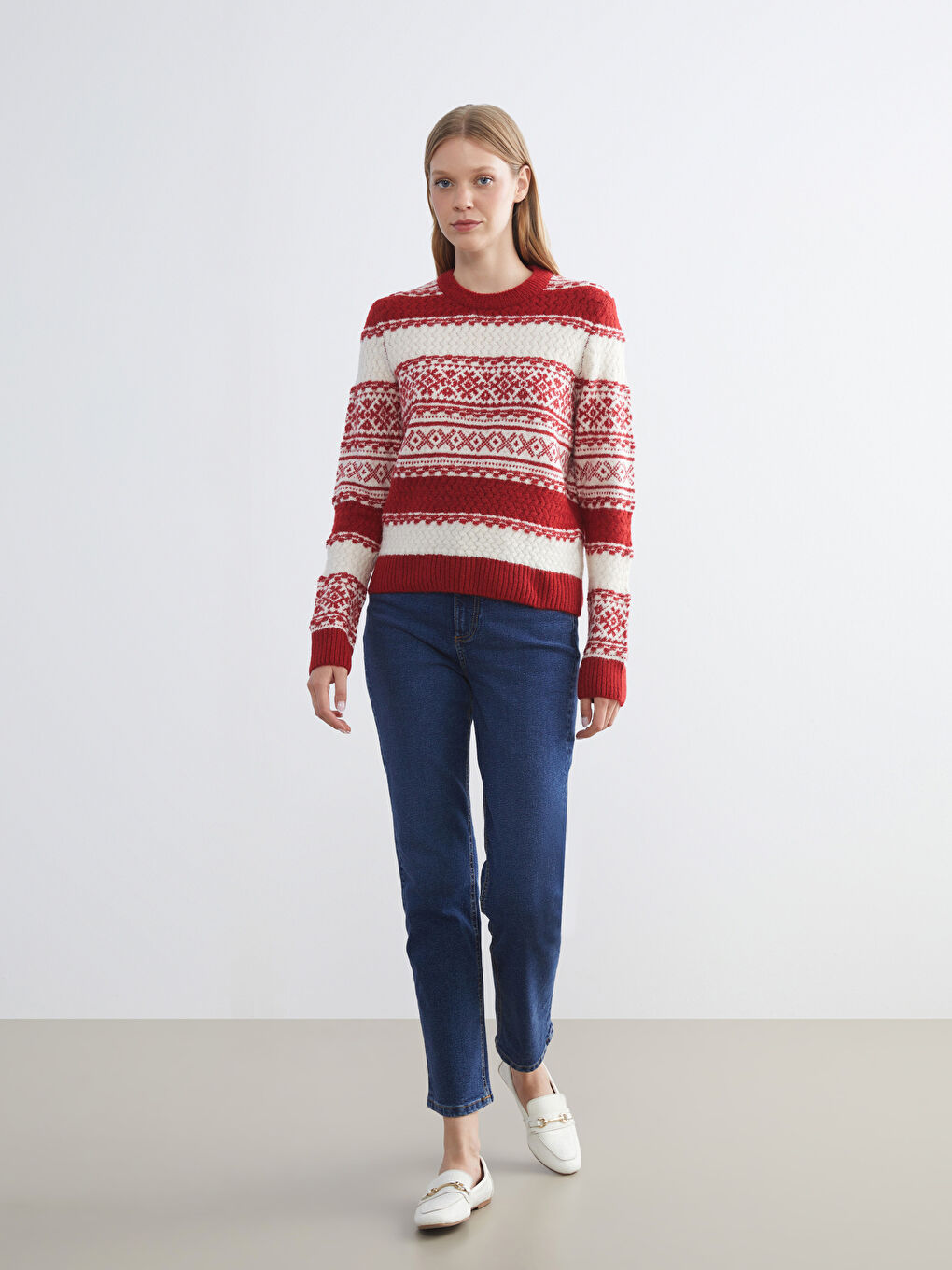 Kırmızı Bisiklet Yaka Desenli Kadın Triko Kazak-1