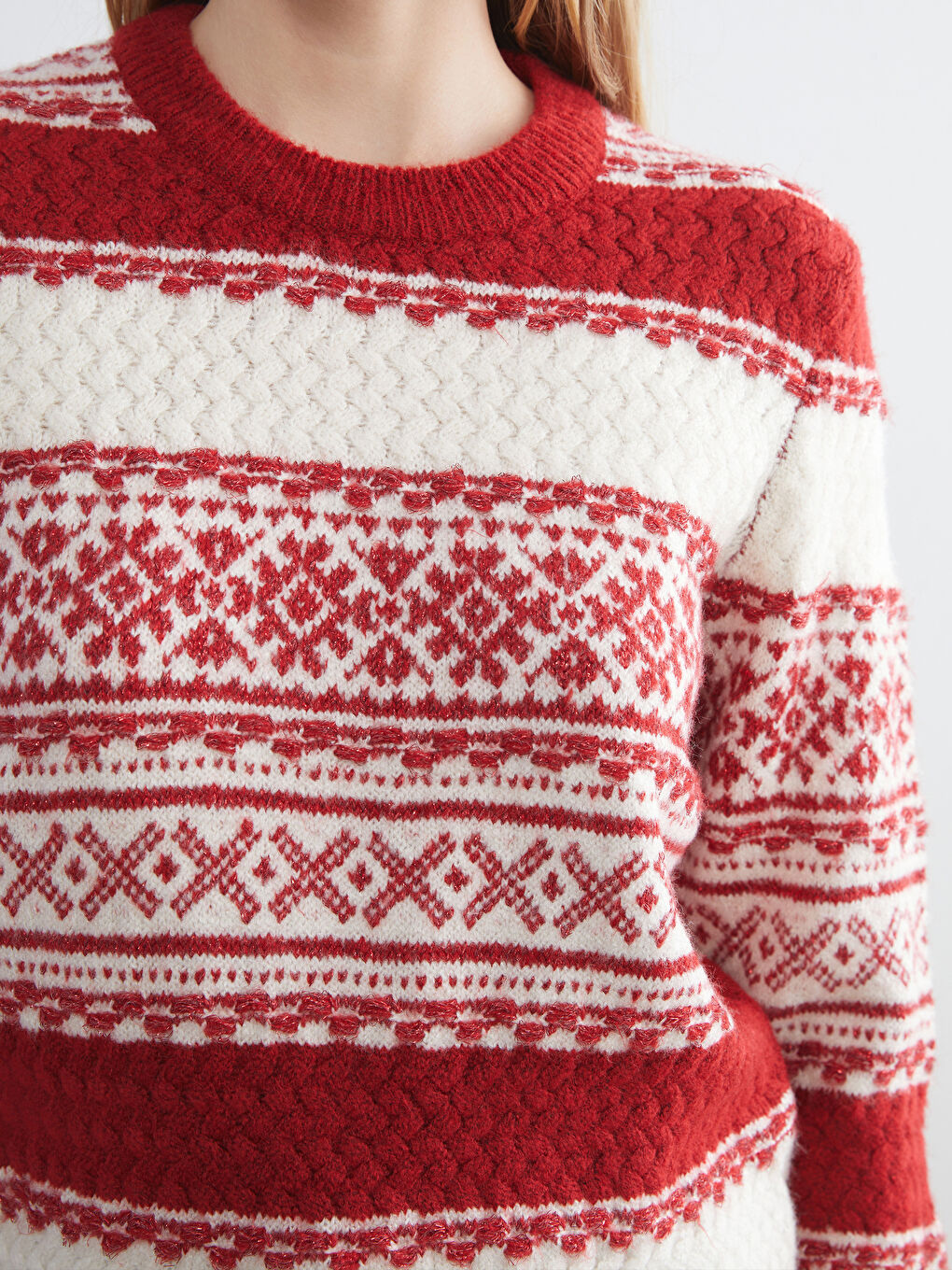 Kırmızı Bisiklet Yaka Desenli Kadın Triko Kazak-2