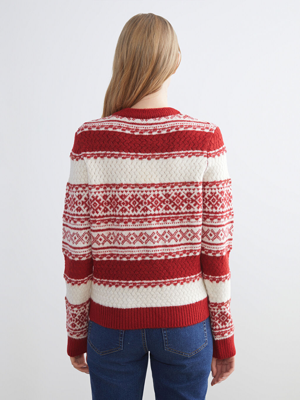 Kırmızı Bisiklet Yaka Desenli Kadın Triko Kazak-3