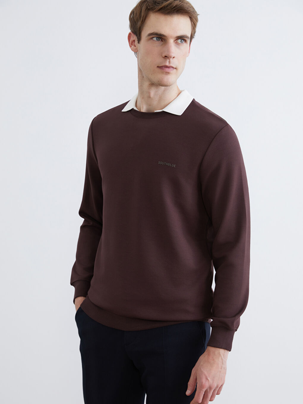 Kahverengi Bisiklet Yaka Uzun Kollu Erkek Sweatshirt