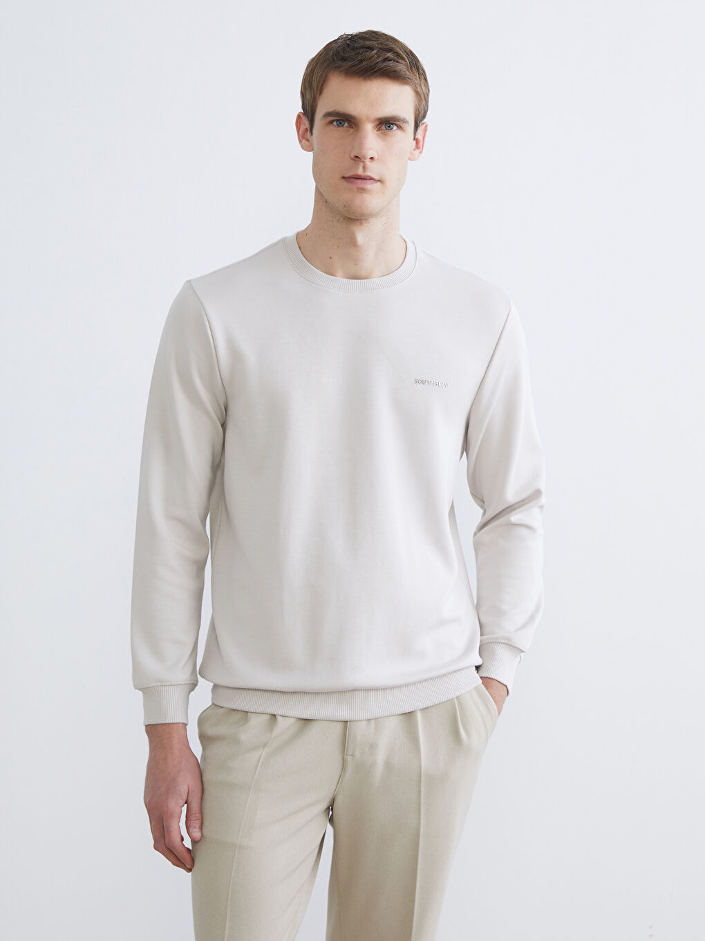 Bej Bisiklet Yaka Uzun Kollu Erkek Sweatshirt