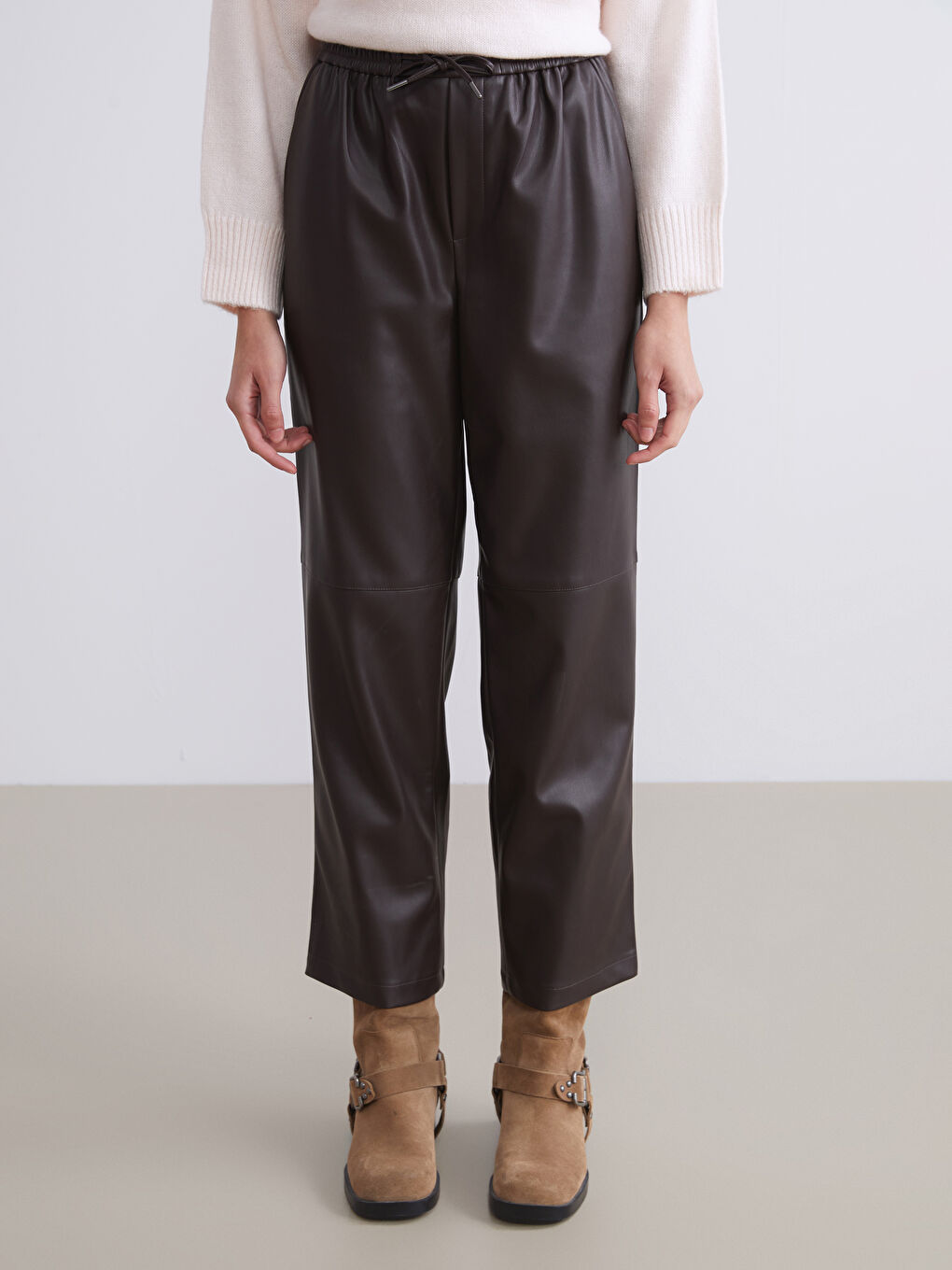 Elasticated Waist Faux Leather Women's Trousers-1