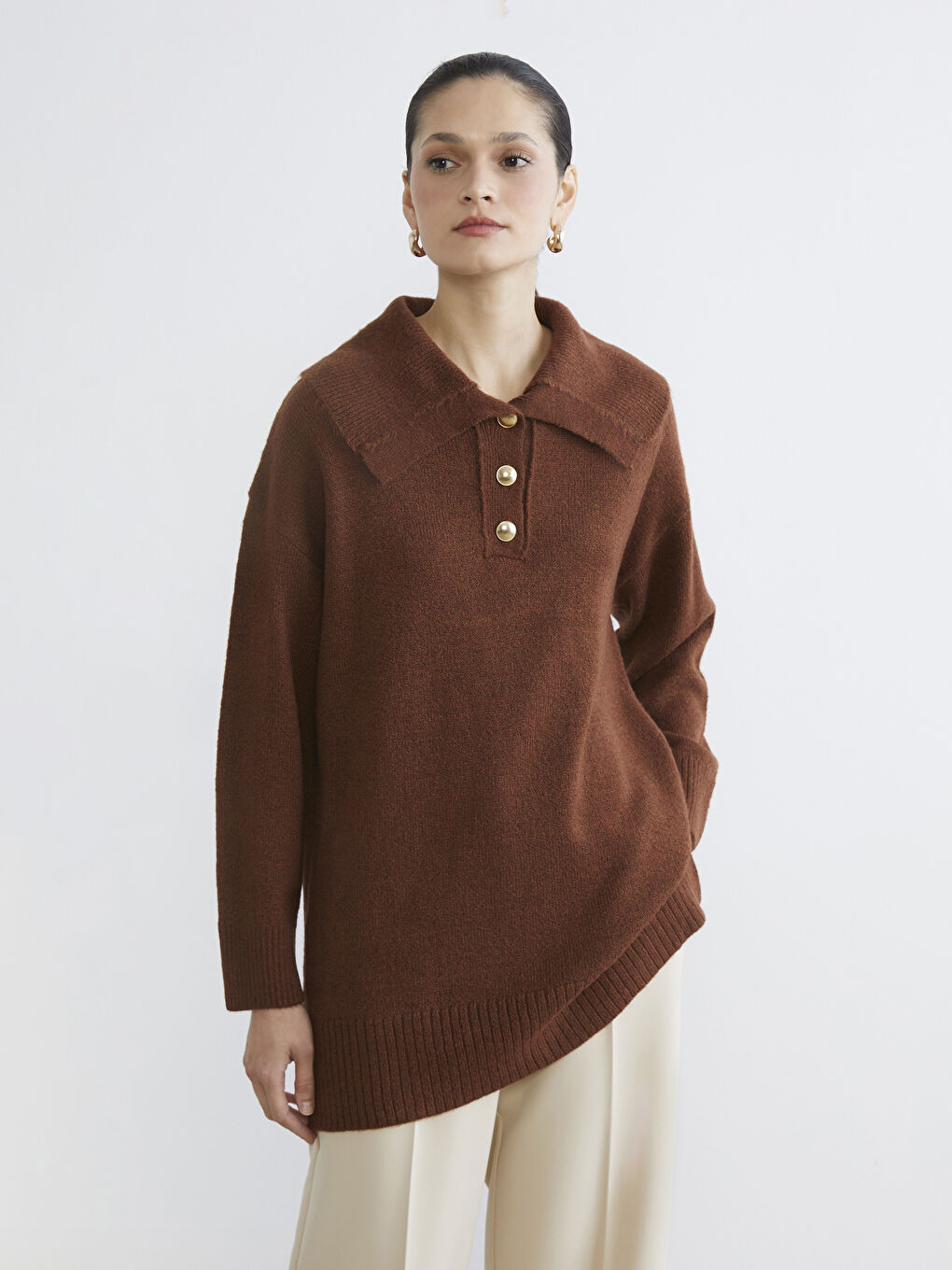Kahverengi Polo Yaka Kadın Triko Kazak