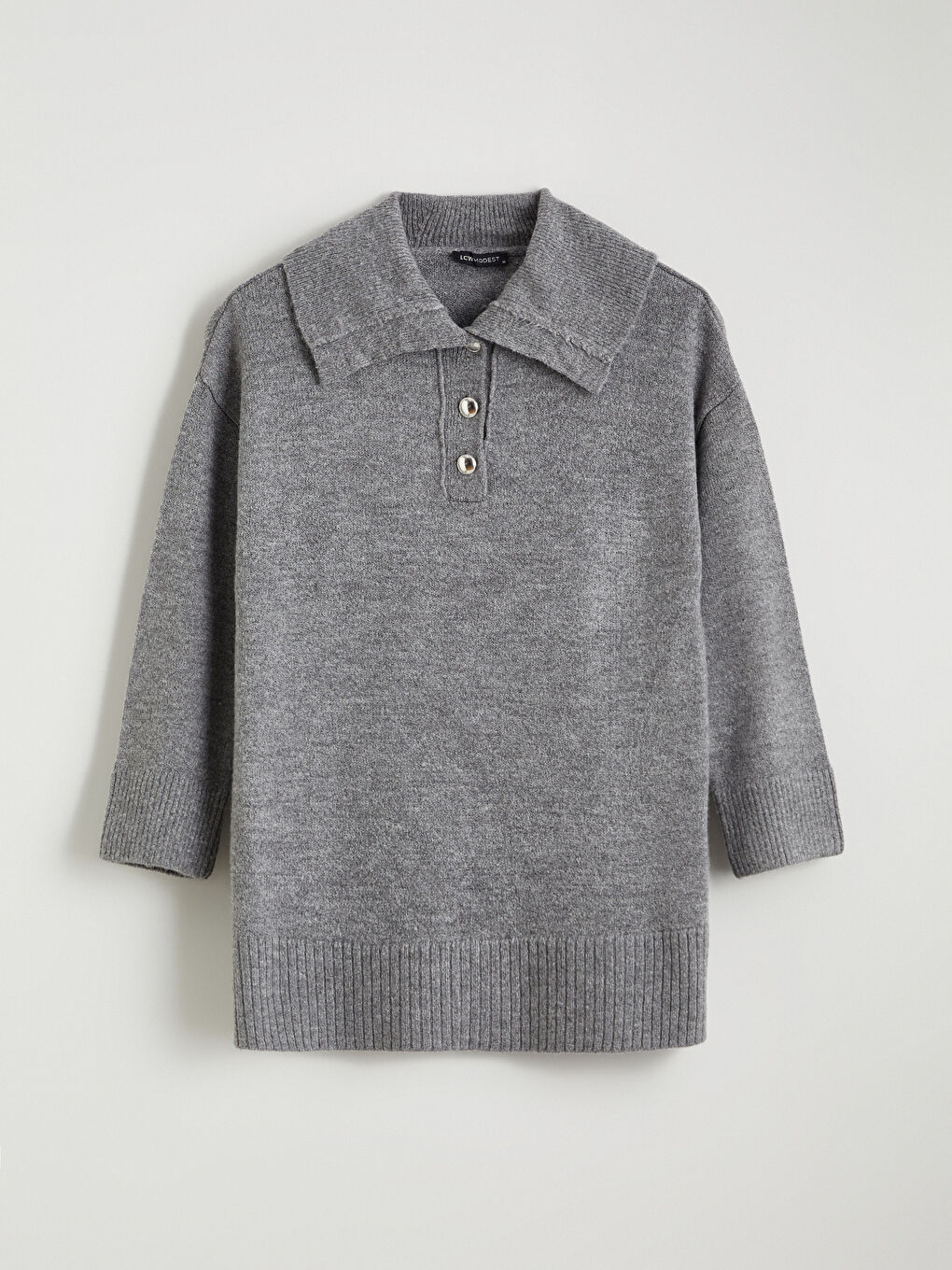 Gri Polo Yaka Kadın Triko Kazak-4