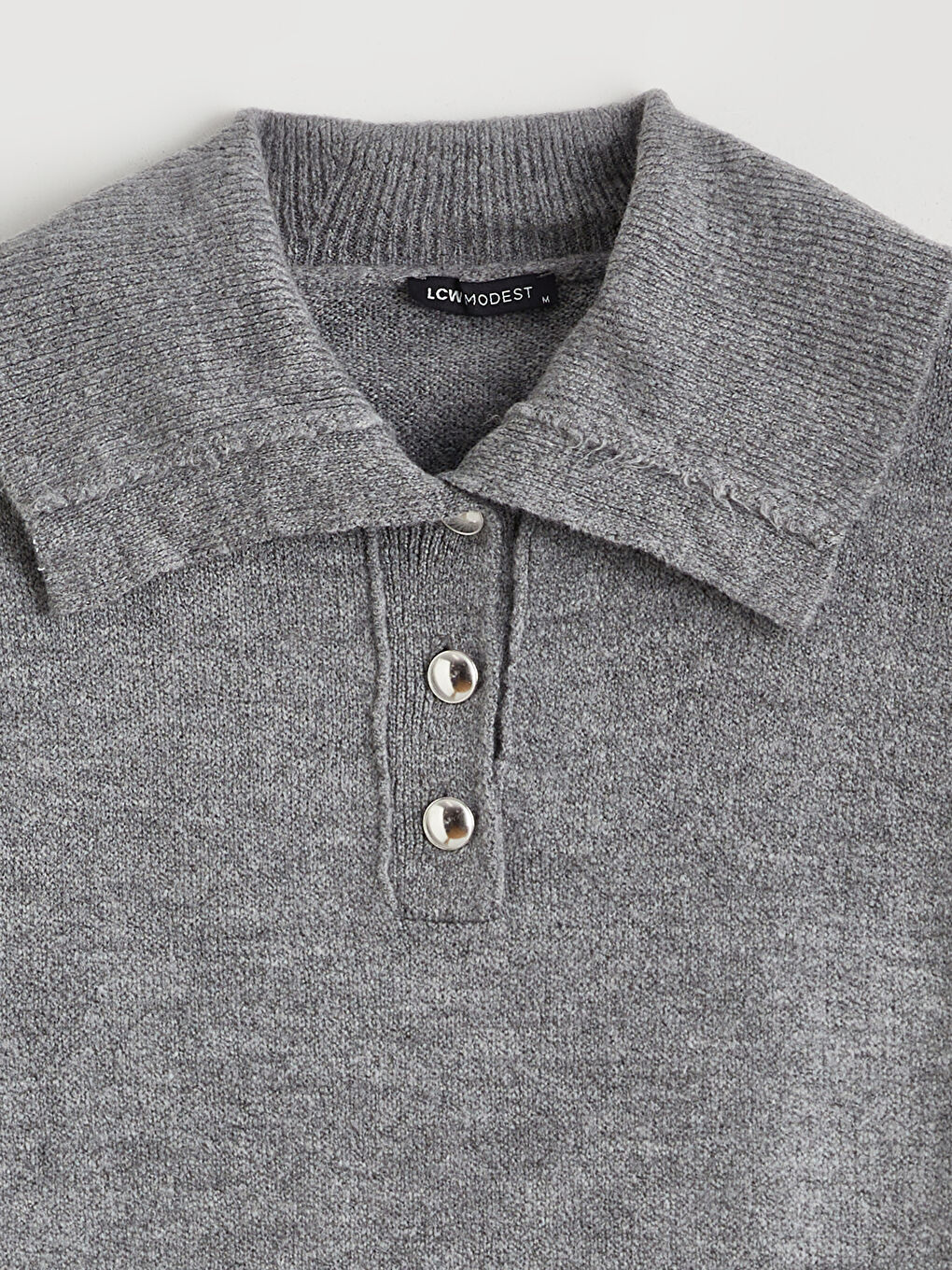 Gri Polo Yaka Kadın Triko Kazak-5