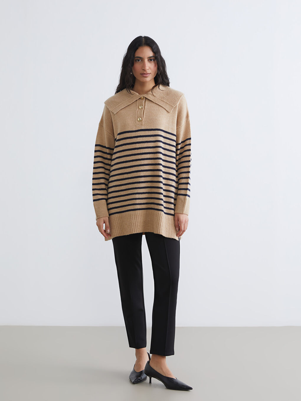 Polo Neck Striped Women's Knitwear Sweater-1